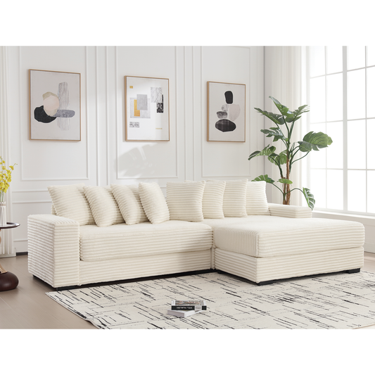 NEW Beige Corduroy Oversized Two-Piece L Shaped Sofa Couch (Right Chaise Daybed Corner with Armrests and Eight Throw Pillows