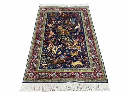 USED Indian Kashmiri Wool & Silk Rug 4x6 ft, Hunting Scene, Midnight Blue, Hand-Knotted, Archers, Swords, Horses, Vintage Antique Oriental Carpet