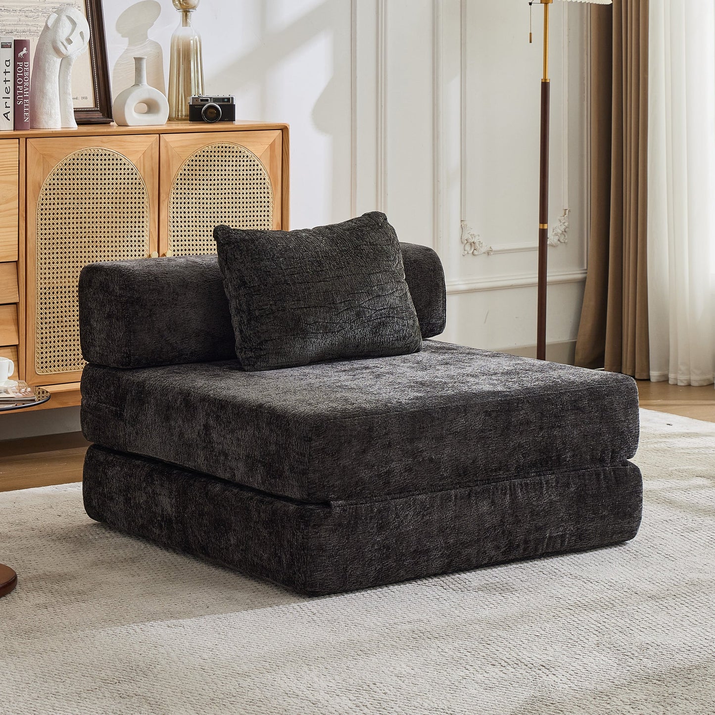 NEW Compression Black Chenille Fabric Convertible Single Seater Boneless Modular Sectional Sofa with Fixed-Shape Frame