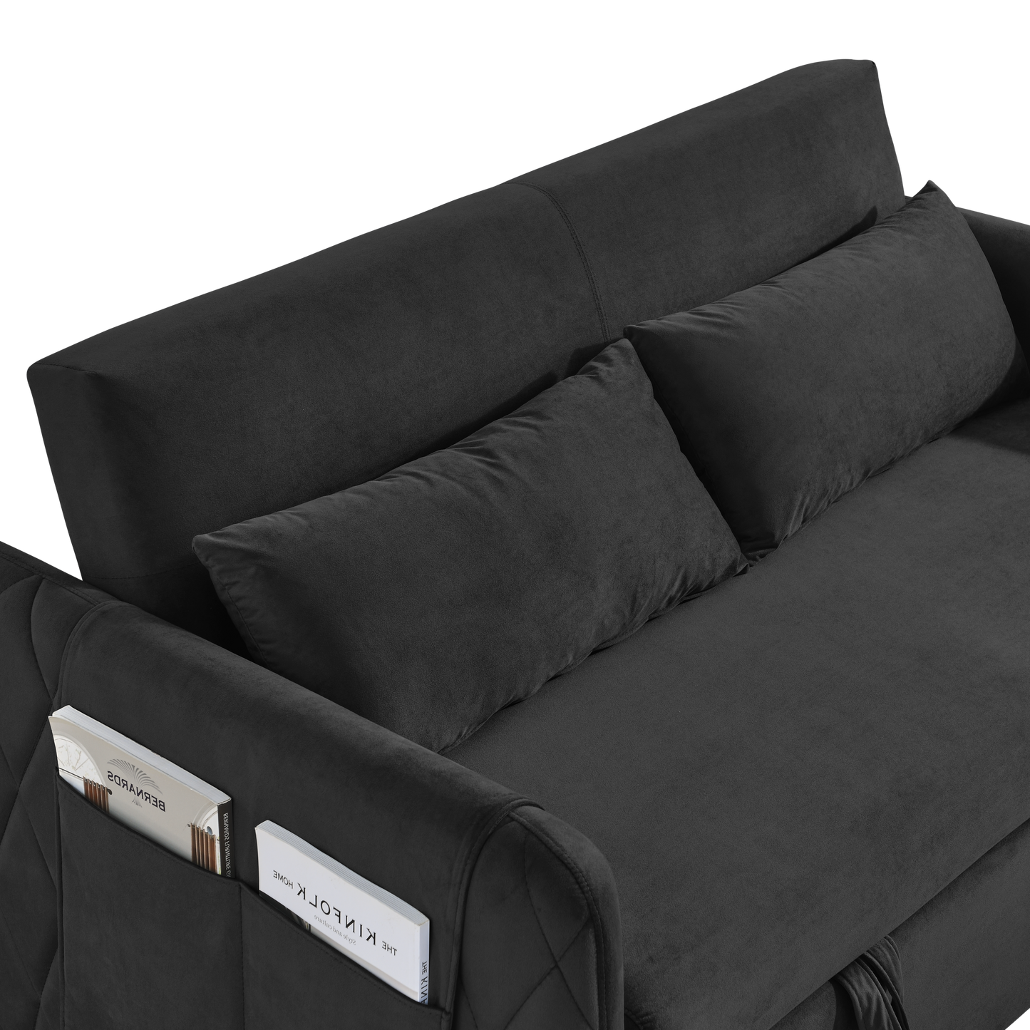 NEW 55' Modern Convertible Sofa Bed with 2 Detachable Arm Pockets, Velvet Loveseat Sofa with Pull Out Bed 2 Pillows Adjustable Backrest Grid Design Armrests