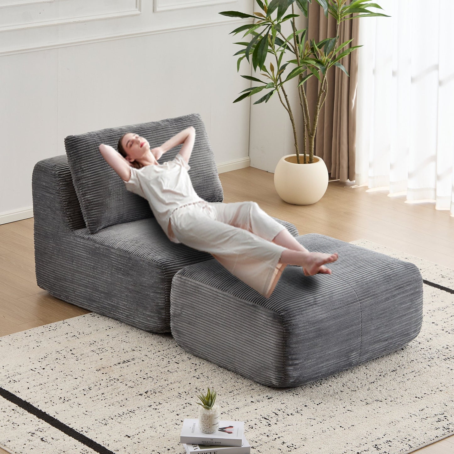 NEW Grey Single Corduroy Chaise Lounge Fabric Modern Memory Foam Compressed Sofa Cloud Modular Sectional Movable Ottoman