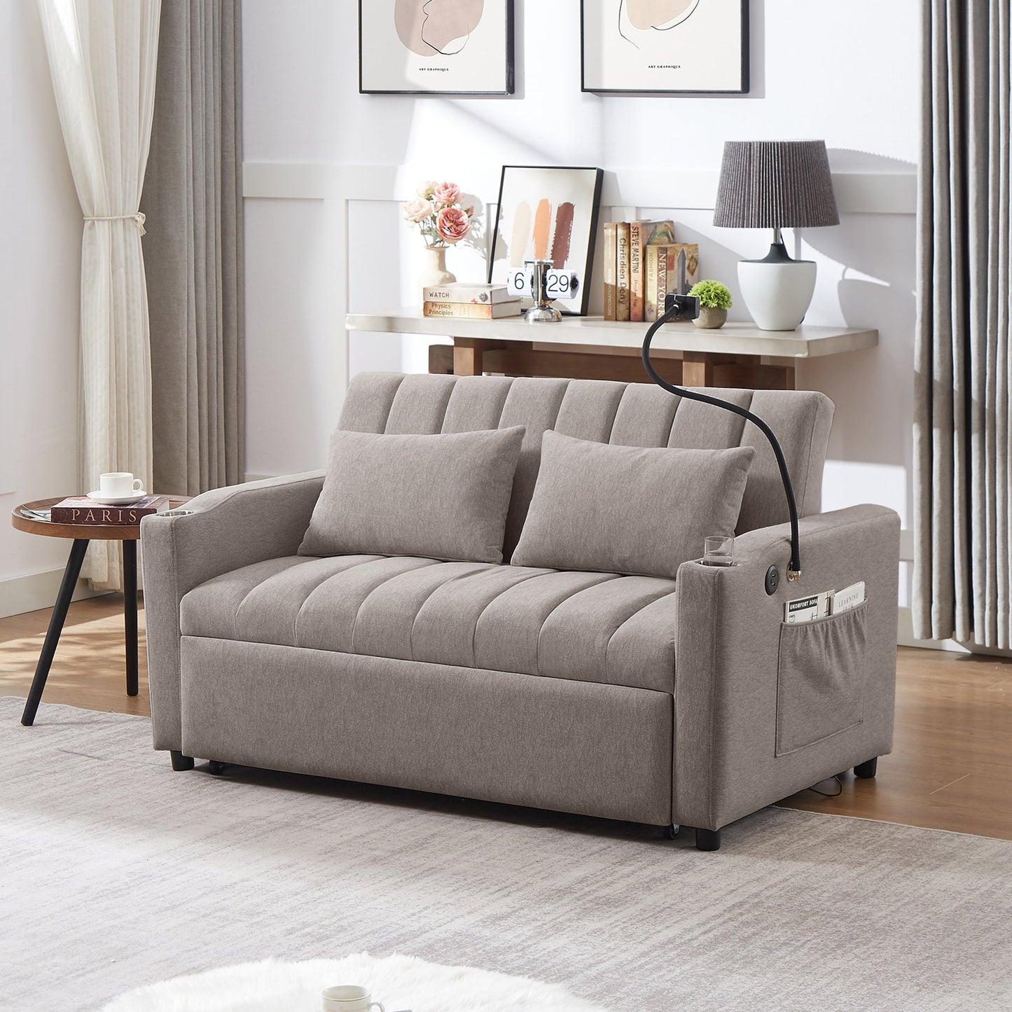 NEW Convertible Sofa Bed Loveseat with USB Ports, Side Pockets, Cup Holders & Swivel Phone Holder, Light Grey Bella Fabric