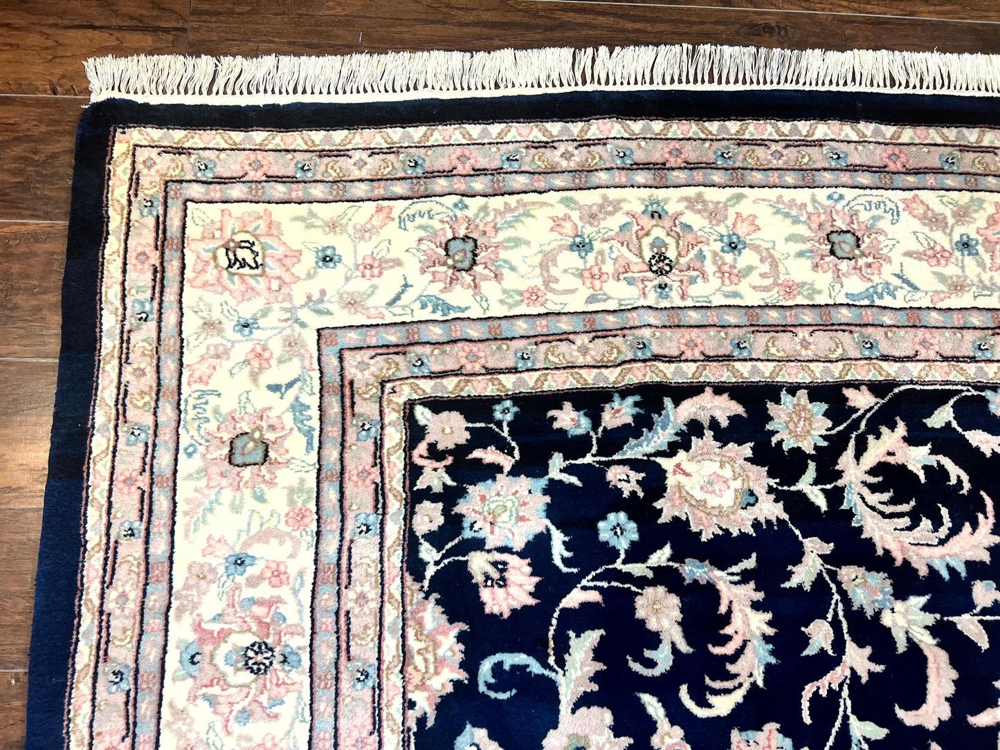 USED Indo Persian Rug 9x12, Navy Blue and Ivory/Cream, Floral Allover, Wool Vintage Handmade Carpet