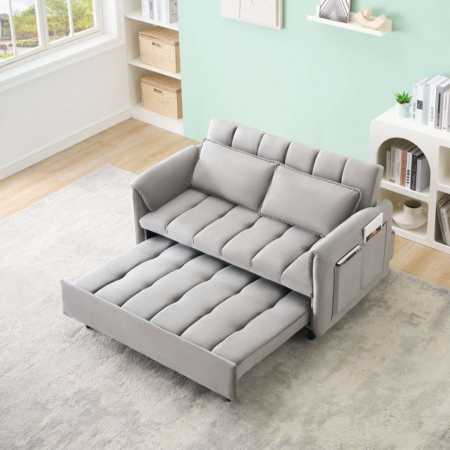 NEW 52 'grey modern velvet sofa, sofa pullout bed, small love seat casual sofa with back, pillow, pockets, living room furniture, 3 in 1 convertible sleep sofa bed.