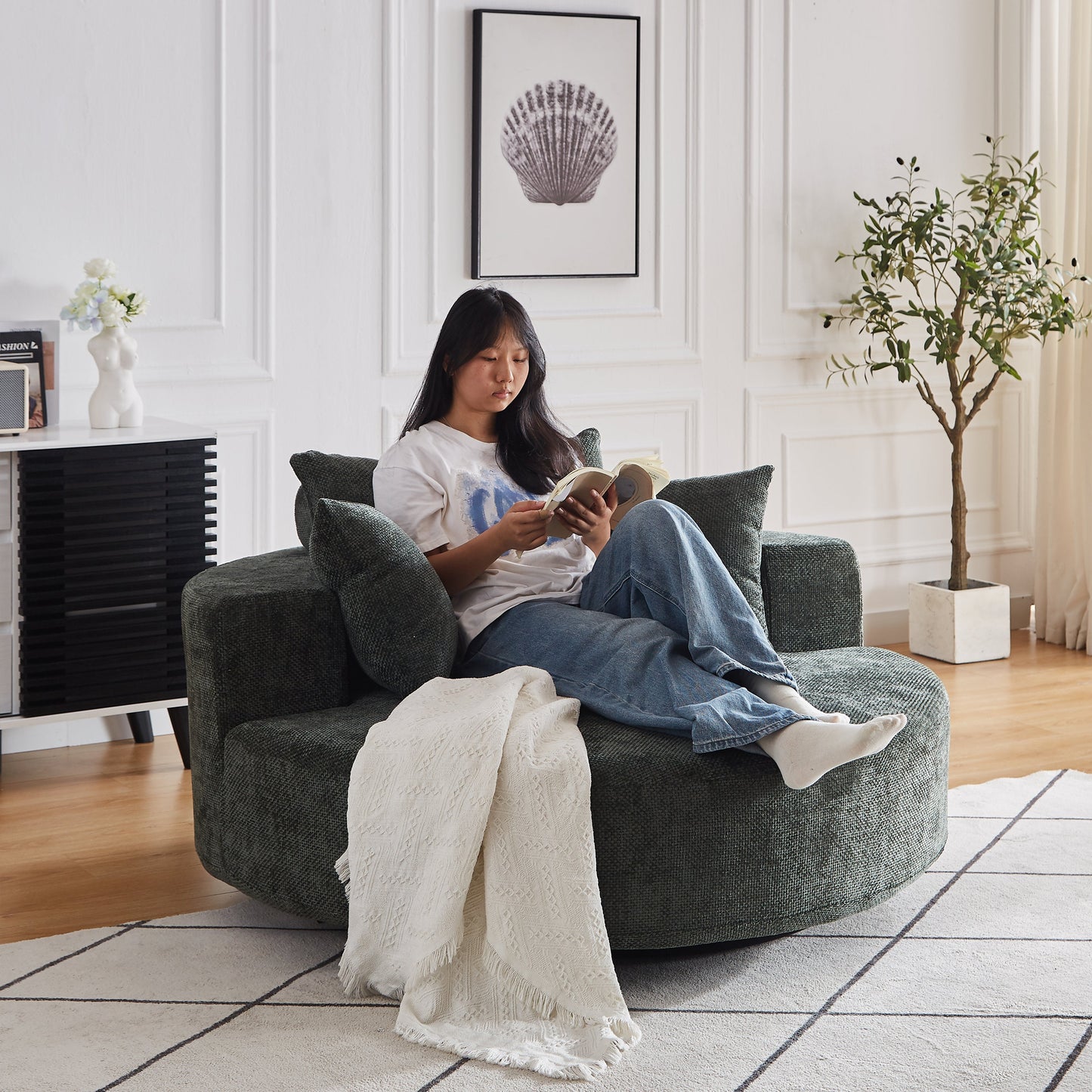 NEW 55''L Chenille Foam Single Swivel Chair, Fluffy Modern Sleeper, 360 Degree Swivel Chair for Living Room, Bedroom, Lounge and Projection Room