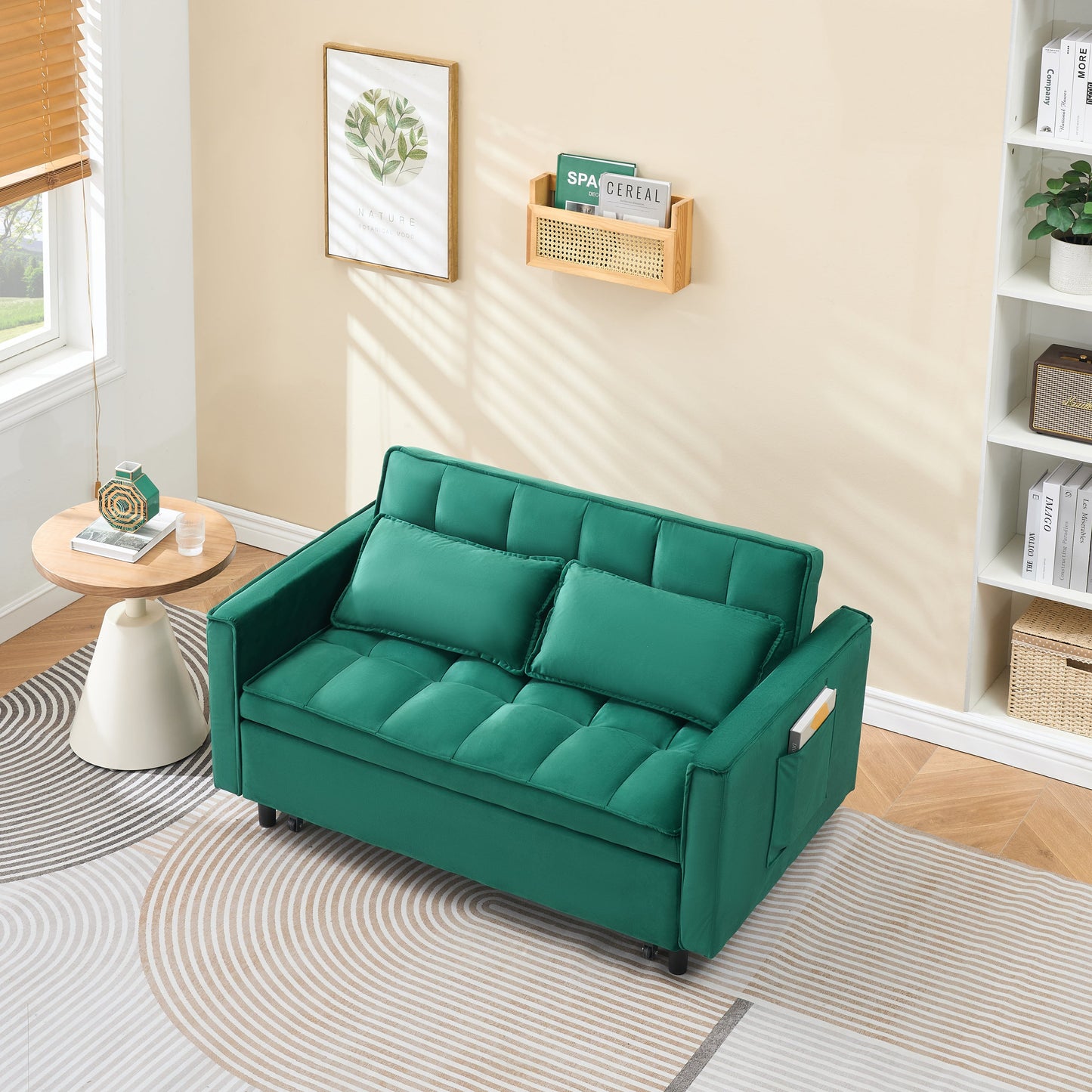 NEW 55-inch Green velvet sofa bed, elegant and convenient, with storage pockets, cleverly interpreting the three-in-one conversion
