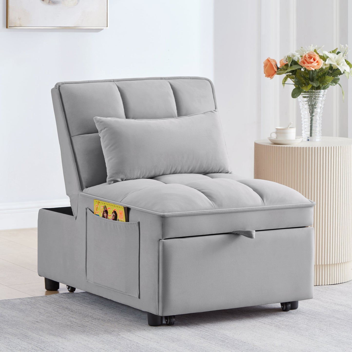 NEW 4 in 1 Multi-Function Grey Tufted Single Convertible Chaise Lounge Pull-Out Sofa Bed with Storage Pockets with Adjustable Backrest and Pillows