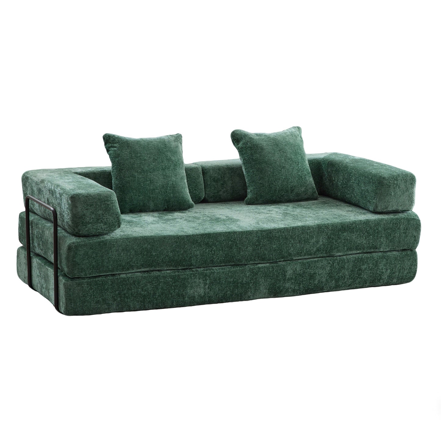 NEW Dark Green Chenille Fabric Floor Compression Convertible Sofa Bed