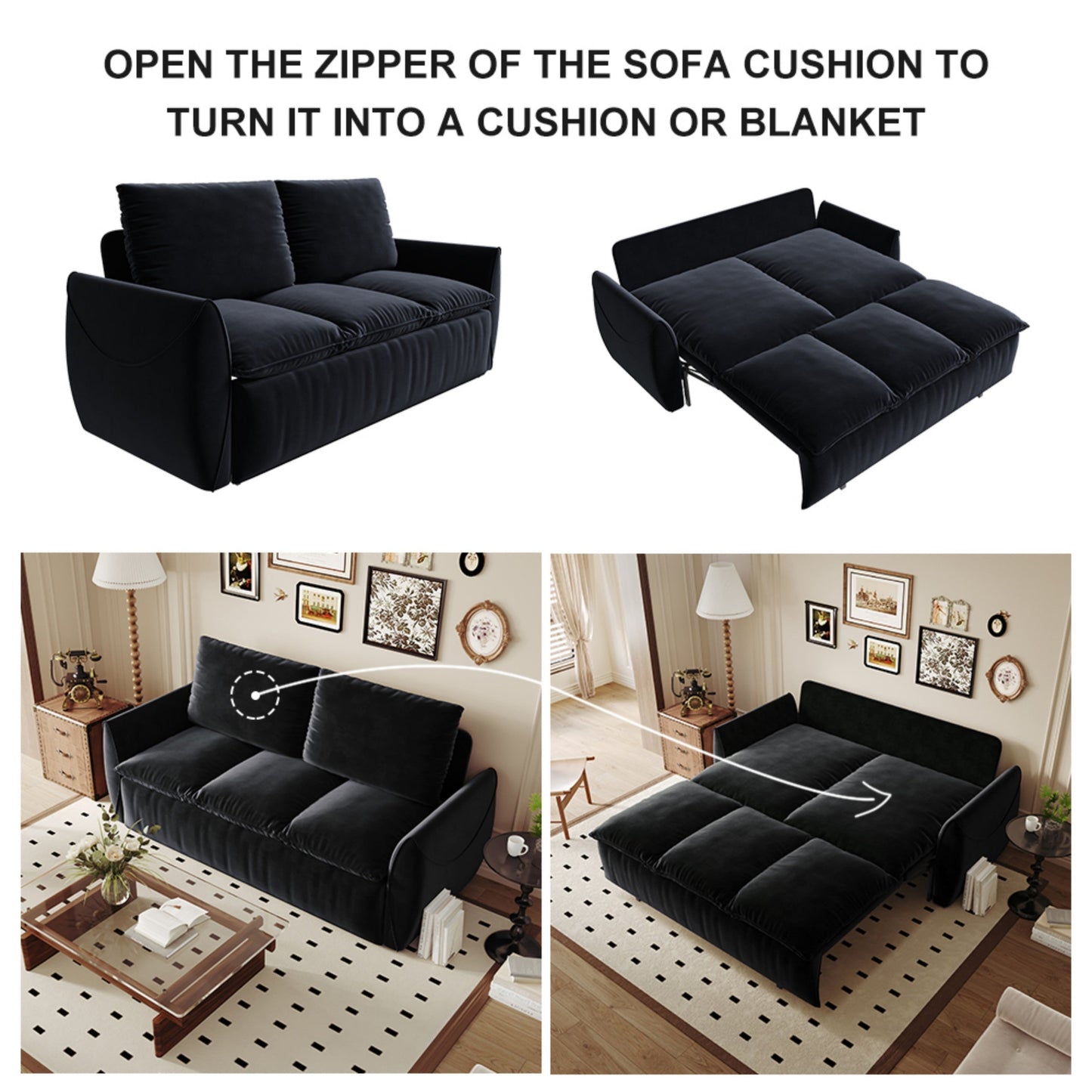 NEW 70.9' Multi-Functional 3-Seat Velvet Black Convertible Sleeper Sofa
