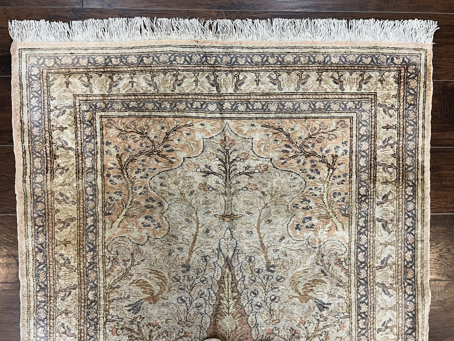 USED Turkish Kayseri Silk Rug 4x6, Tree of Life Pattern, Vintage Handmade Hand Knotted Carpet, Animal Pictorials, Birds