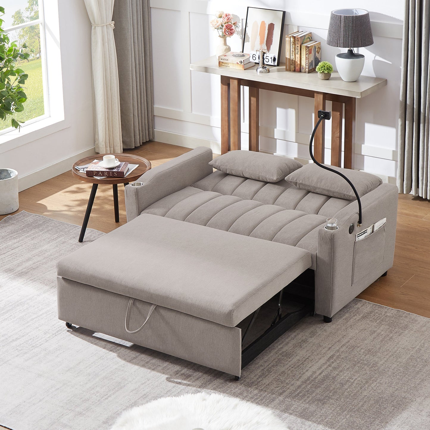 NEW Convertible Sofa Bed Loveseat with USB Ports, Side Pockets, Cup Holders & Swivel Phone Holder, Light Grey Bella Fabric