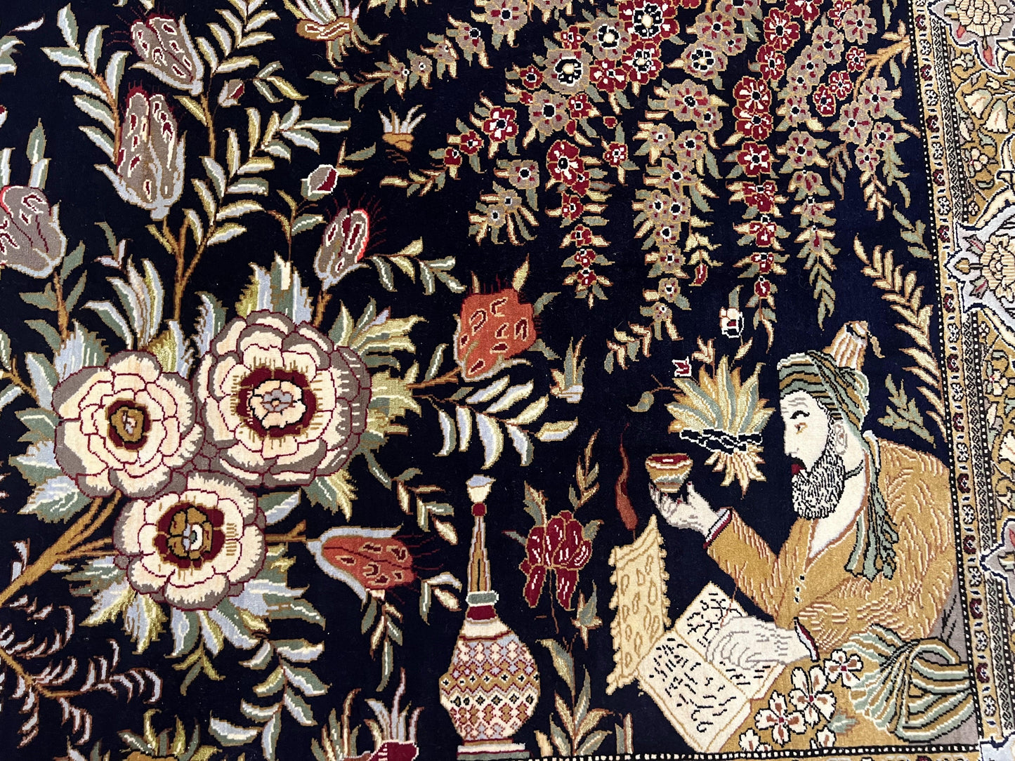 USED Persian Qum Pictorial Rug 4.8 x 6.5 - Layla & Majnun, Birds