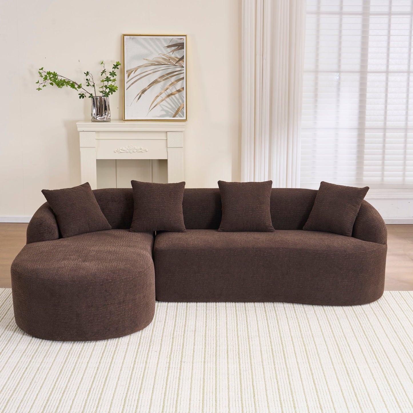 NEWn Brown Chenille Modular Compression Sponge L-Shape Sectional Sofa Couch with Curved Chaise