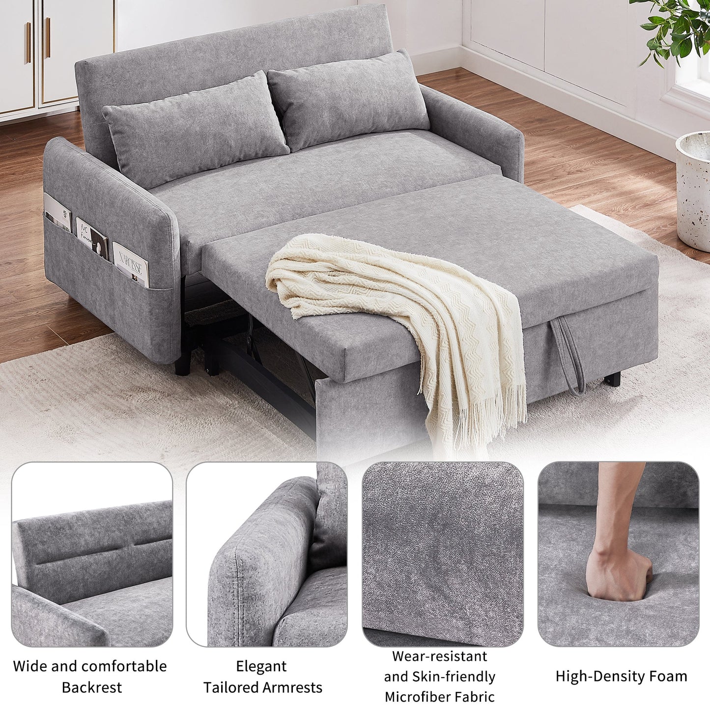NEW Contemporary Grey Pull Out Sleep Sofa Bed Loveseat with Adjustable Backrest Storage Pockets USB Ports and 2 Soft Pillows