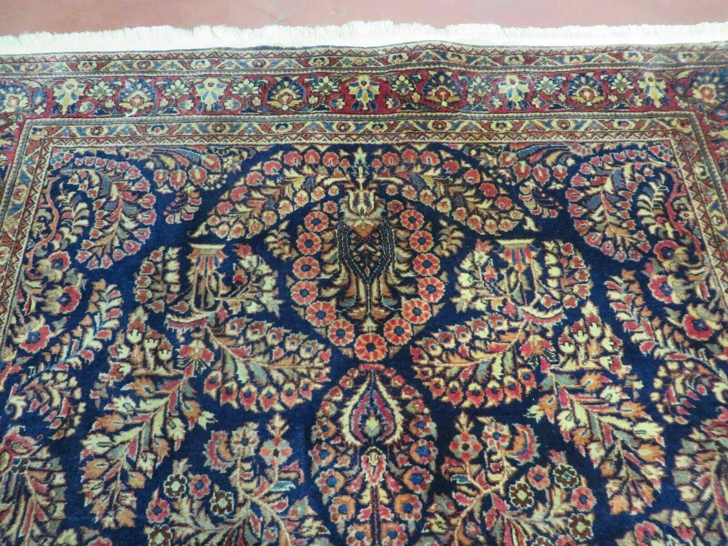 USED Antique Persian Sarouk Rug 4x6, Hand Knotted 1920s Oriental Carpet 4 x 6 ft, Navy Blue and Red Wool Rug, Handmade Floral Allover Persian Area Rug