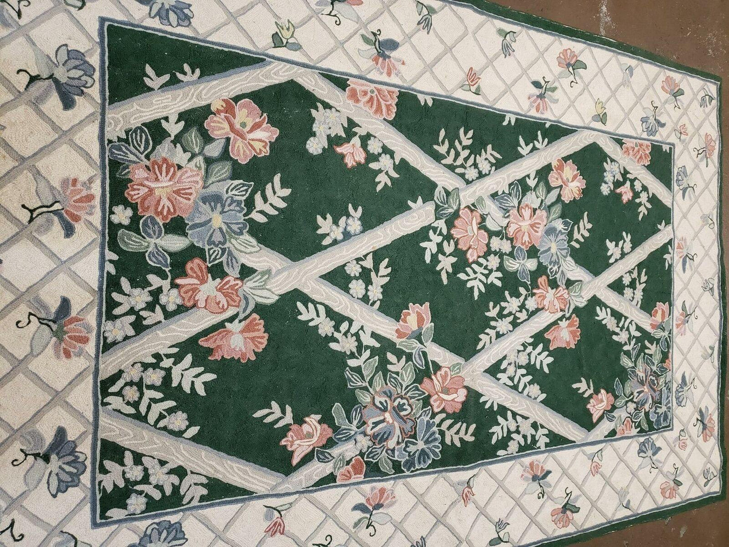 USED 3' 6" X 5' 6" Hand Stitched Indian Wool Rug with Backing Green Beige