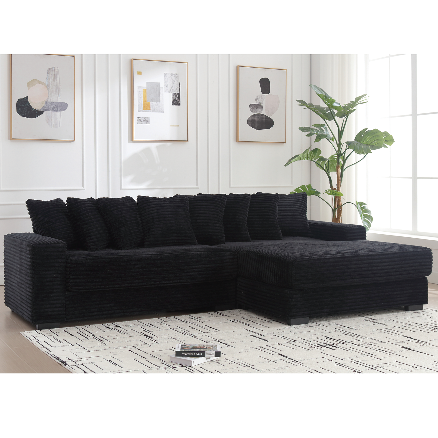 NEW Oversized Black Two-Piece Couch L Shaped Sofa Corduroy Right Chaise Daybed with Armrests Eight Throw Pillows