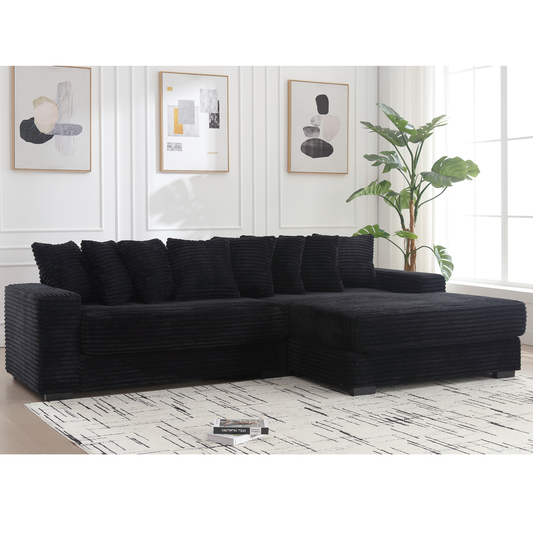 NEW Oversized Black Two-Piece Couch L Shaped Sofa Corduroy Right Chaise Daybed with Armrests Eight Throw Pillows
