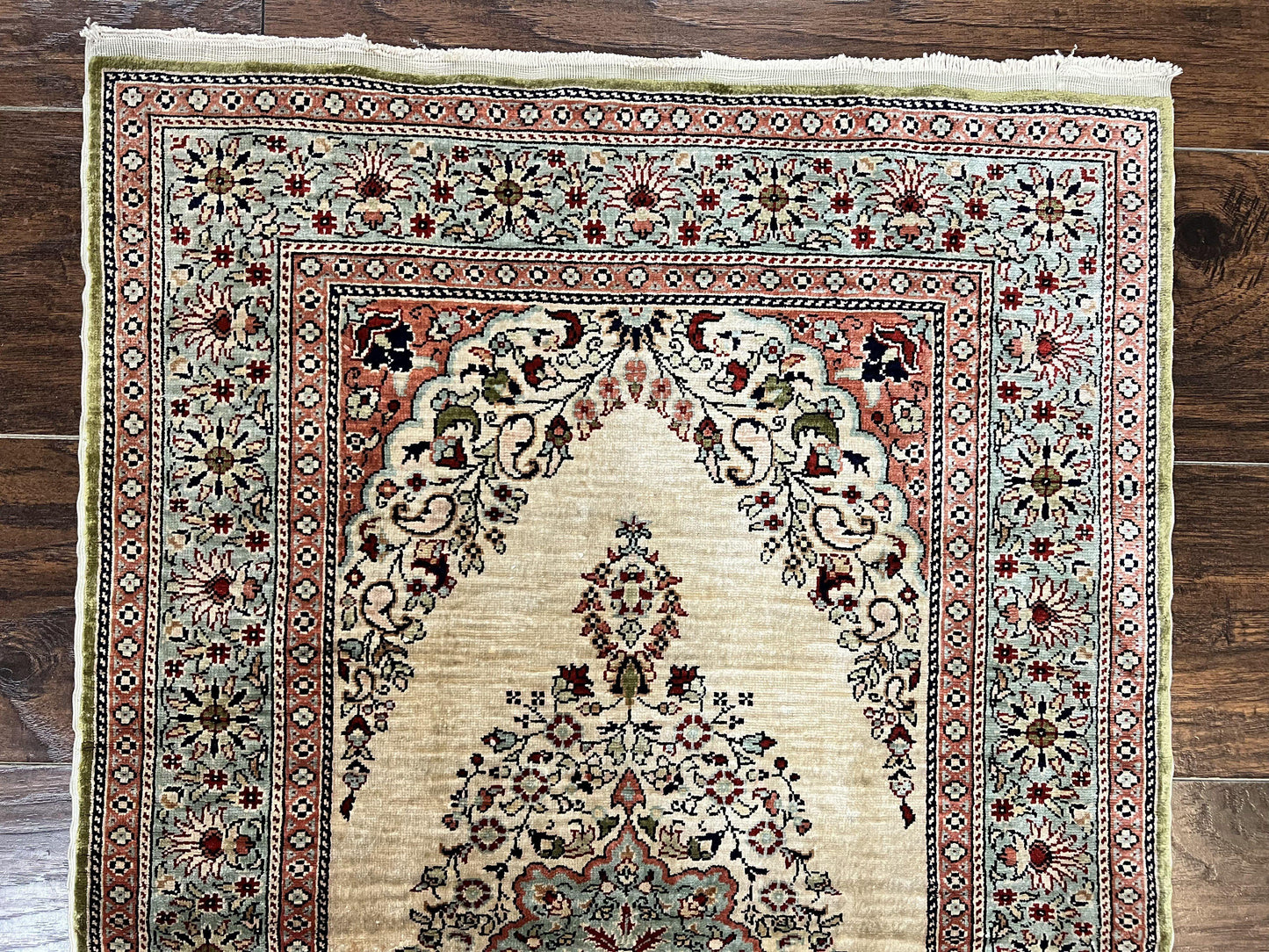USED Silk Turkish Kayseri Rug 2x3, Very Finely Hand Knotted, Semi Open Field, Vintage, Silk Pile on Silk Foundation, 300 KPSI