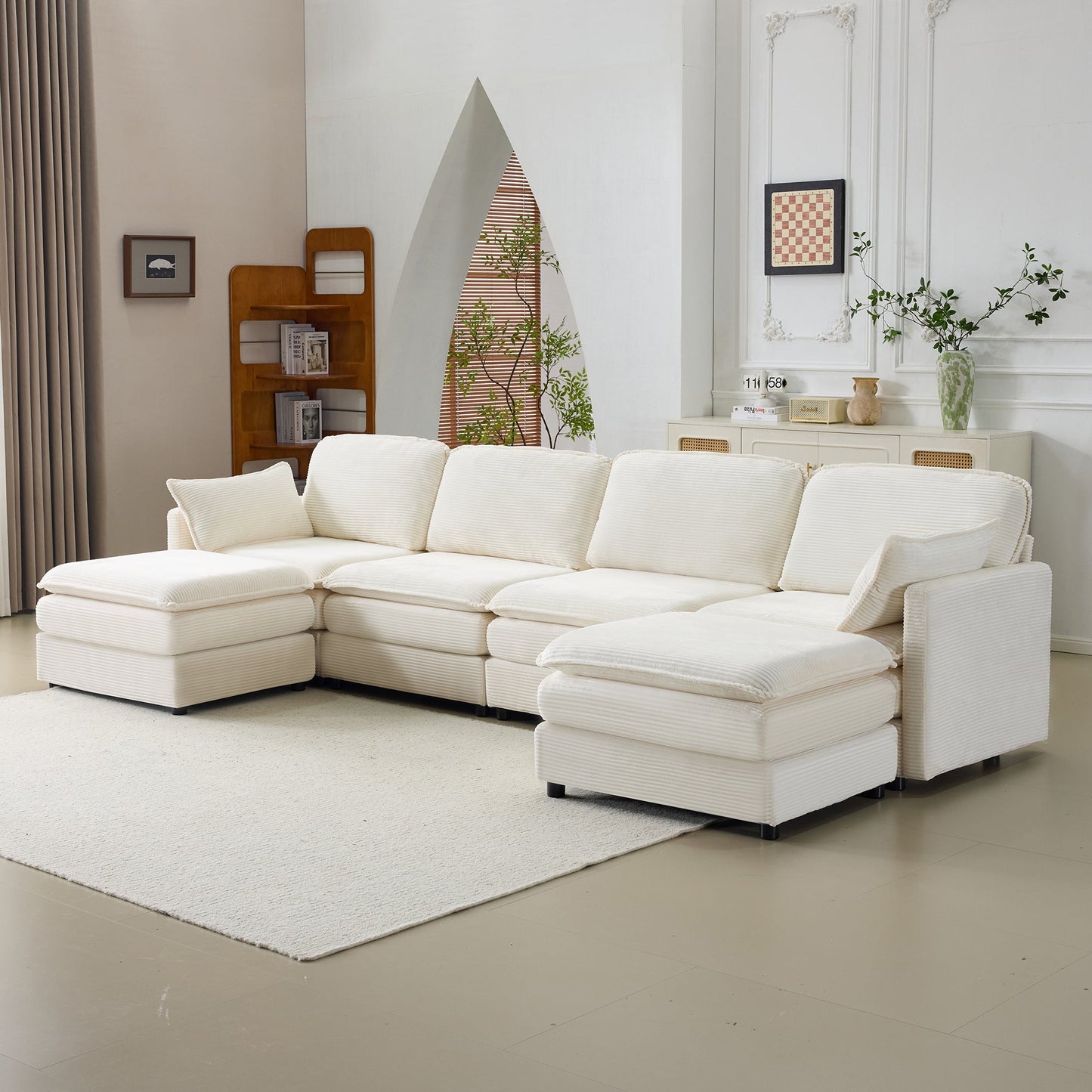 NEW 136' Plush Cloud 3-seater Sofa: Modular 4-seater Sofa + 2 Footstools with 22' Beige Chenille Cushions + 2 Throw Pillows - Compact Size for Apartment, Living Room, Bedroom (Beige)