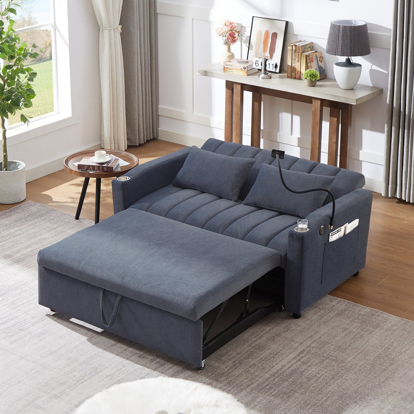 NEW Convertible Sofa Bed Loveseat with USB Ports, Side Pockets, Cup Holders, and Phone Holder in Blue Grey Bella Fabric, 55.9'