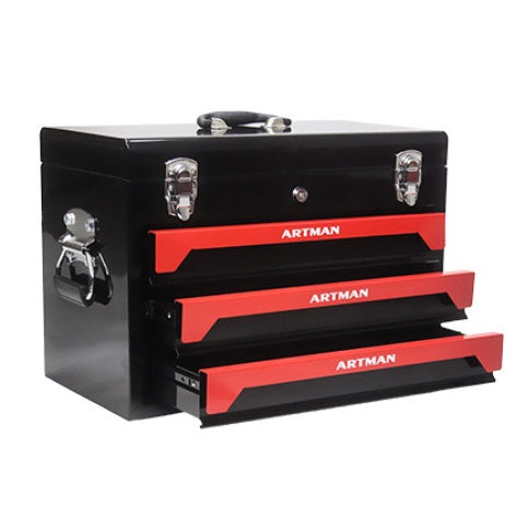 NEW 20 Portable 3 Drawer Steel Tool Box With Metal Latch Closure, Black  Red