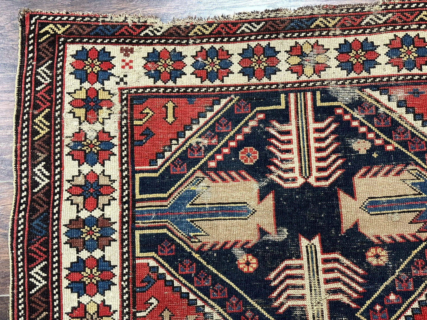 USED Antique Shirvan Caucasian Rug 3x5, Geometric Pattern, Red Navy Blue Beige