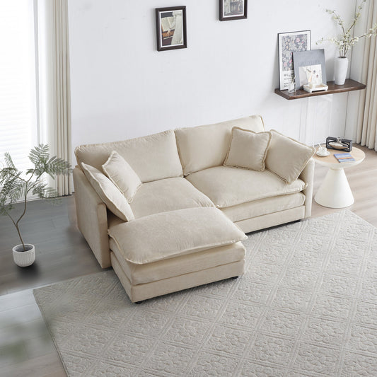 NEW Chenille Two-Seater Sofa with 1 Footrest, 2 Seater L-Shaped Sectional with Ottoman,Loveseat with Ottoman for Small Living Space, Beige Chenille