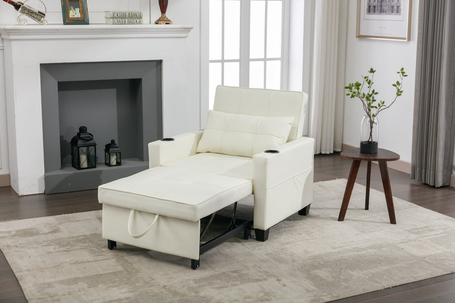 NEW Futon Chair Bed Convertible Chair 3-in-1 Pull Out Sleeper Chair Beds with USB Ports,Wear-resistant and Anti-scratch,  Armchair Bed Sleeper for Living Room (White Leather)