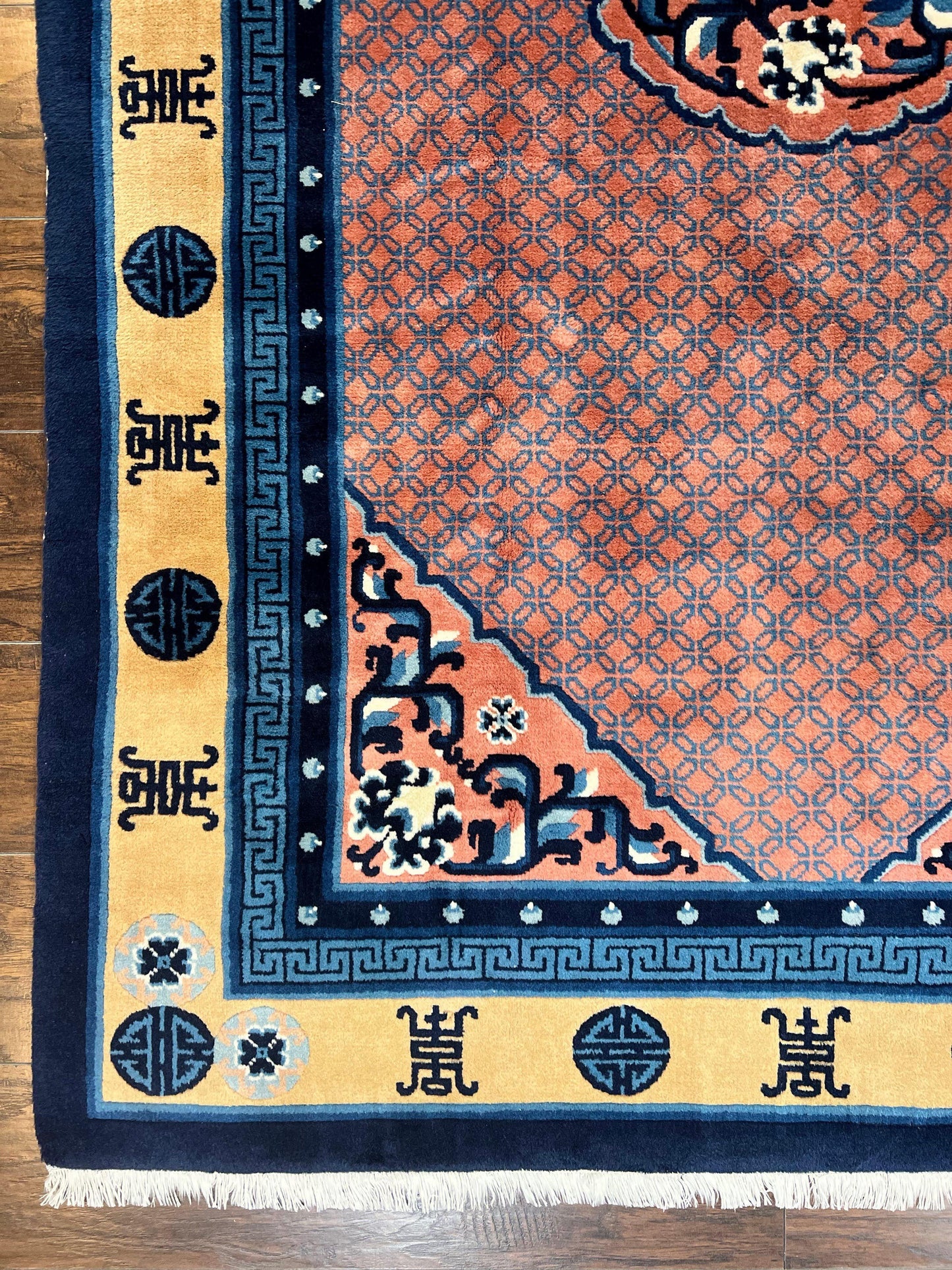 USED Chinese Peking Rug 5x8, Vintage Semi Antique Chinese Art Deco Carpet, Wool Pile Light Red/Salmon Gold Navy Blue, Handmade Asian Oriental Rug