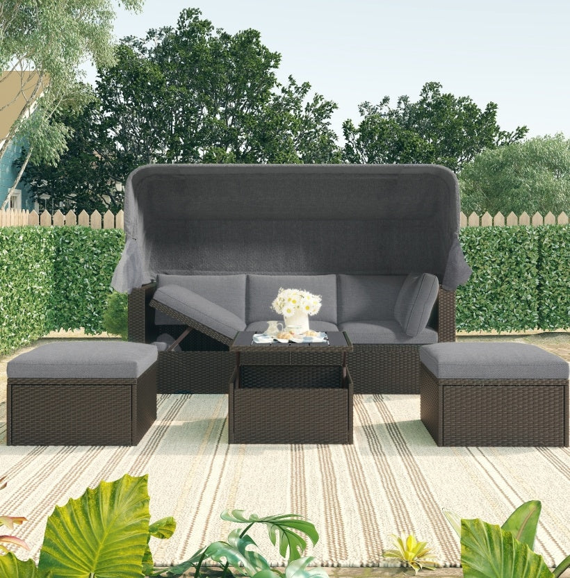 NEW U Style Rattan Wicker Sectional Sofa Seating Outdoor Patio Rectangle Daybed With Canopy