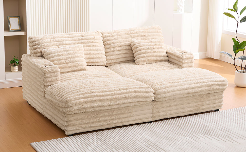 NEW Plush Champagne Faux Rabbit Fur Upholstered Oversized Double Chaise Lounge Sofa with USB Ports and Cup Holders