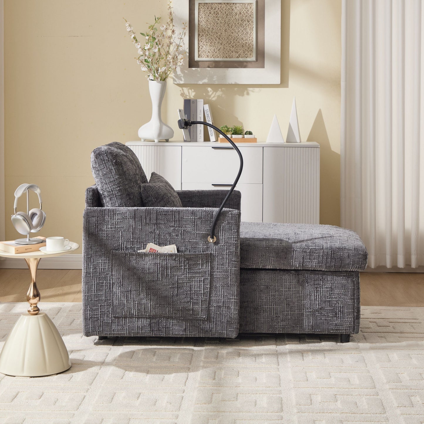 NEW Multifunctional Recliner with Storage Backrest and Cell Phone Bracket in Gray Chenille for Living Room and Bedroom