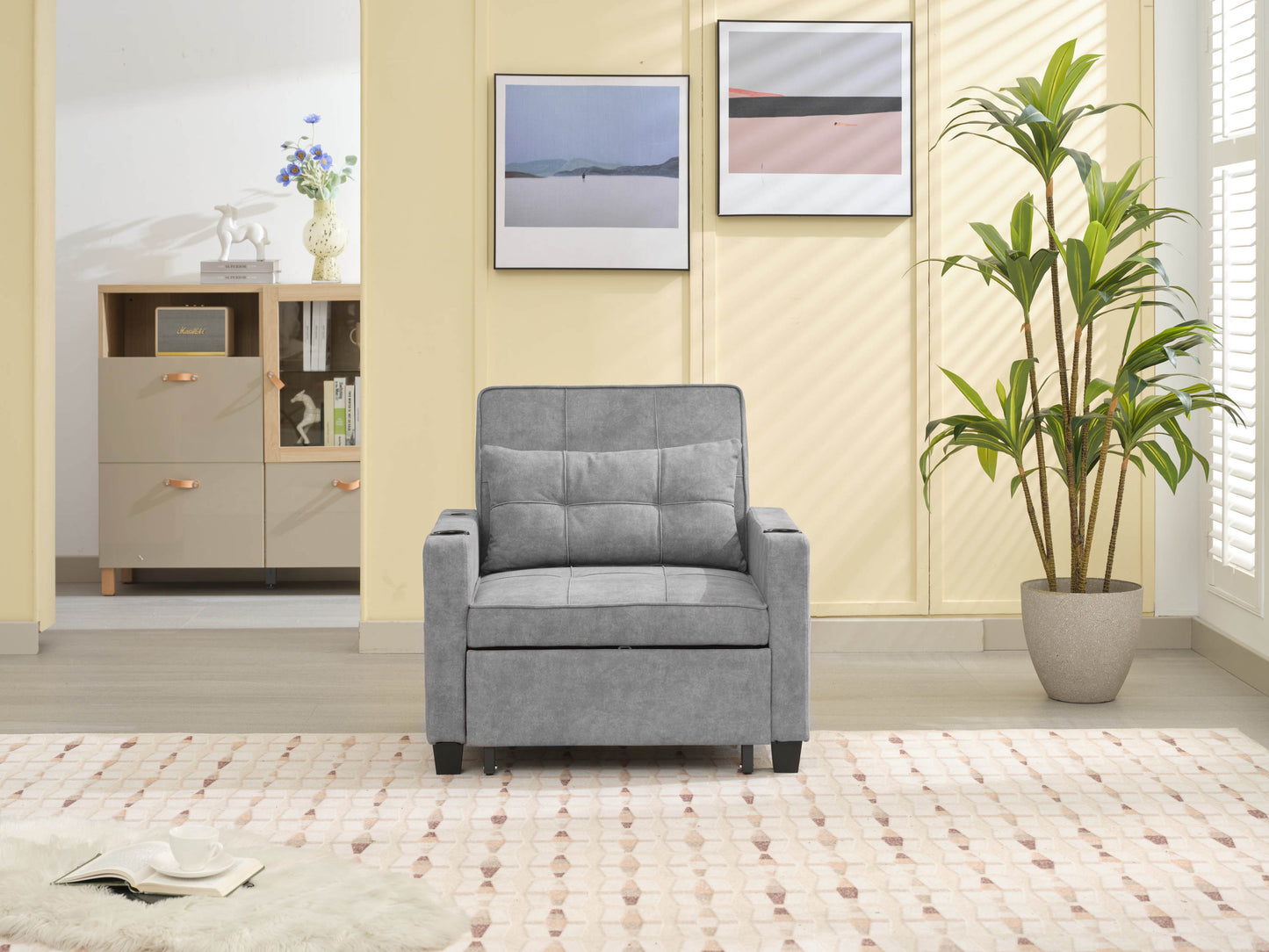 NEW Futon Chair Bed Convertible Chair 3-in-1 Pull Out Sleeper Chair Beds with USB Ports,Wear-resistant and Anti-scratch,  Armchair Bed Sleeper for Living Room (Light Grey Scratch Cloth)