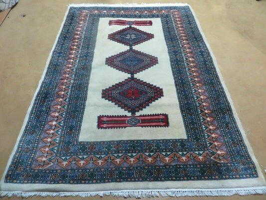 USED 4' X 6' Vintage Handmade Bokhara Turkoman Pakistan Wool Rug Carpet Nice