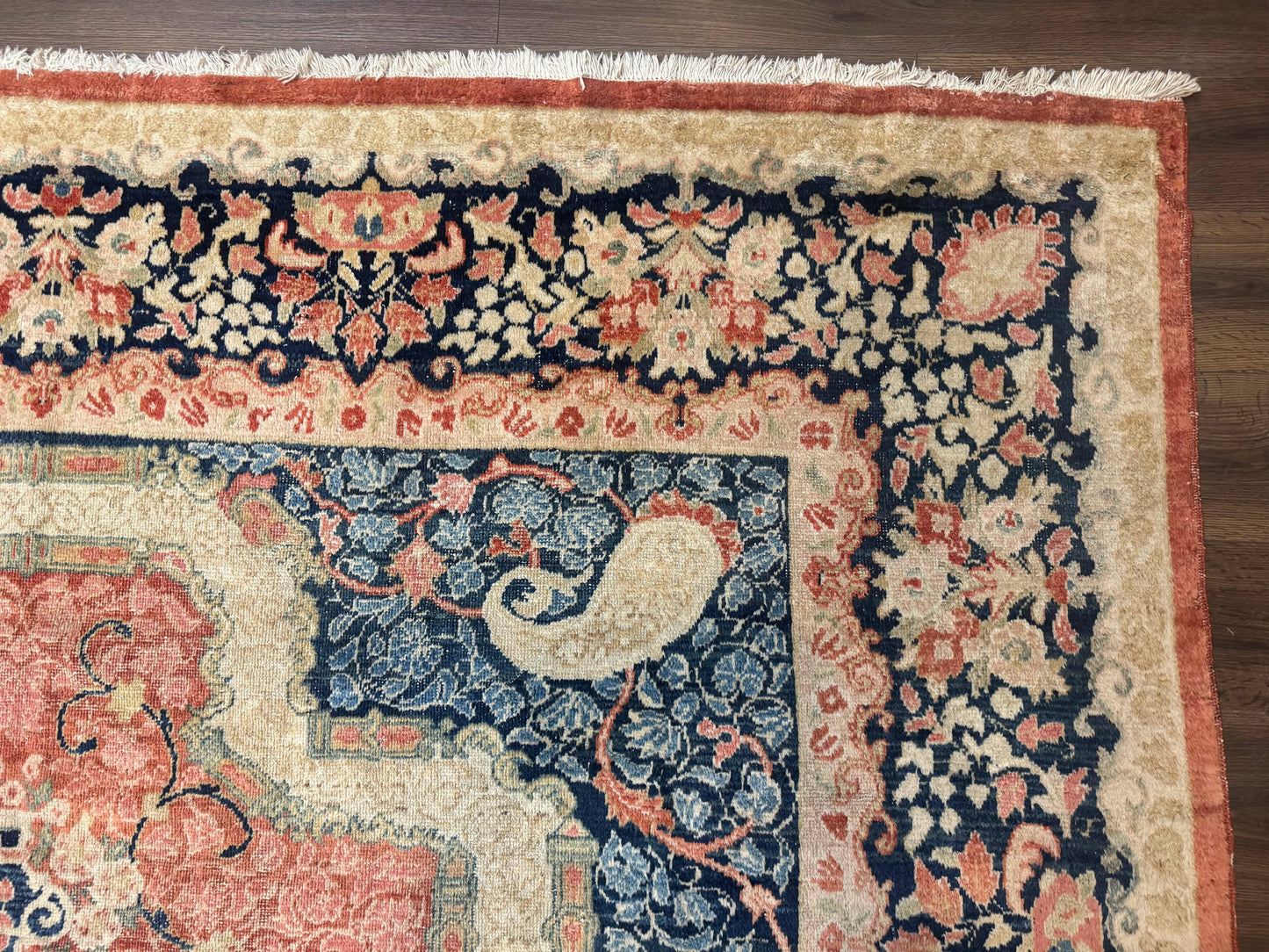 USED Antique Persian Sarouk Rug 9x12, Boteh Paisleys, Light Red Navy Blue