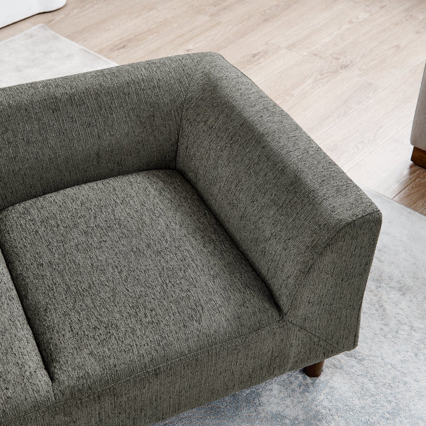 NEW Modern Rectangular Pet Sofa with Backrest and Armrests, Soft Cushion, Dark Grey Linen, Rubber Wood Frame