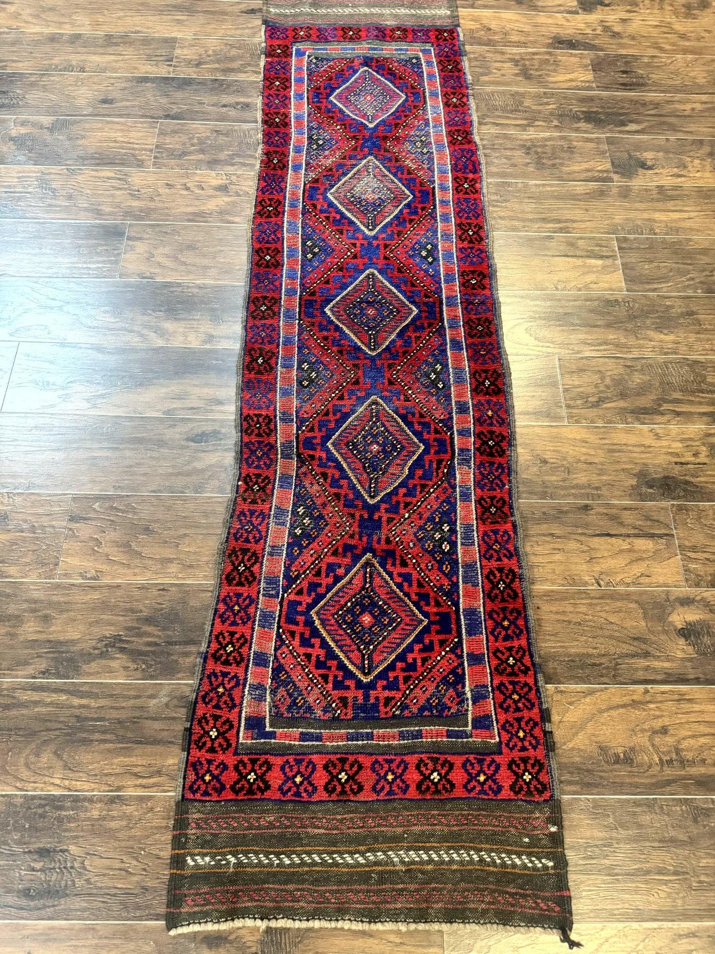 USED Turkoman Runner Rug 2 x 8.6, Skinny Runner, Handmade Wool Carpet for Hallway, Red and Blue, Wool, Vintage 8ft Runner