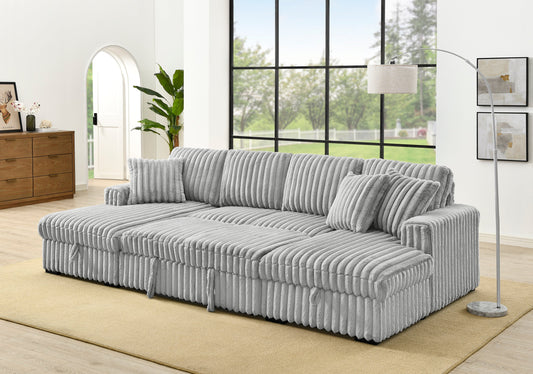NEW Rabbit Plush Grey Corduroy Fabric Oversized Pull Out U Shaped Sleeper Sectional Sofa Bed Couch with Double Storage Chaise