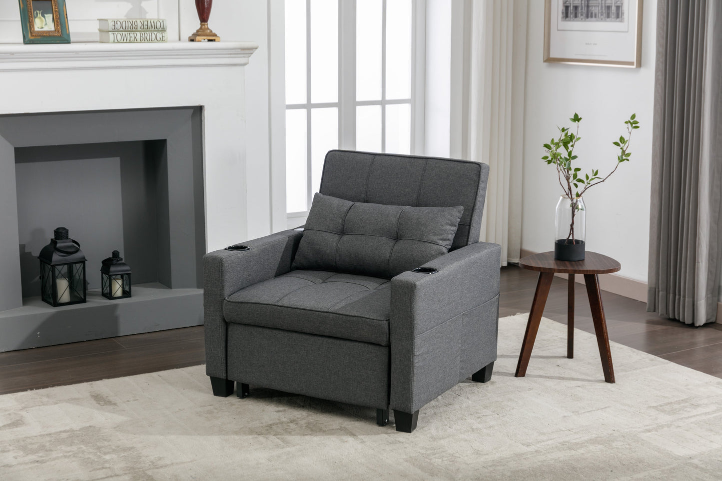NEW Dark Grey Linen Futon Bed Convertible Chair 3-in-1 Pull Out Sleeper