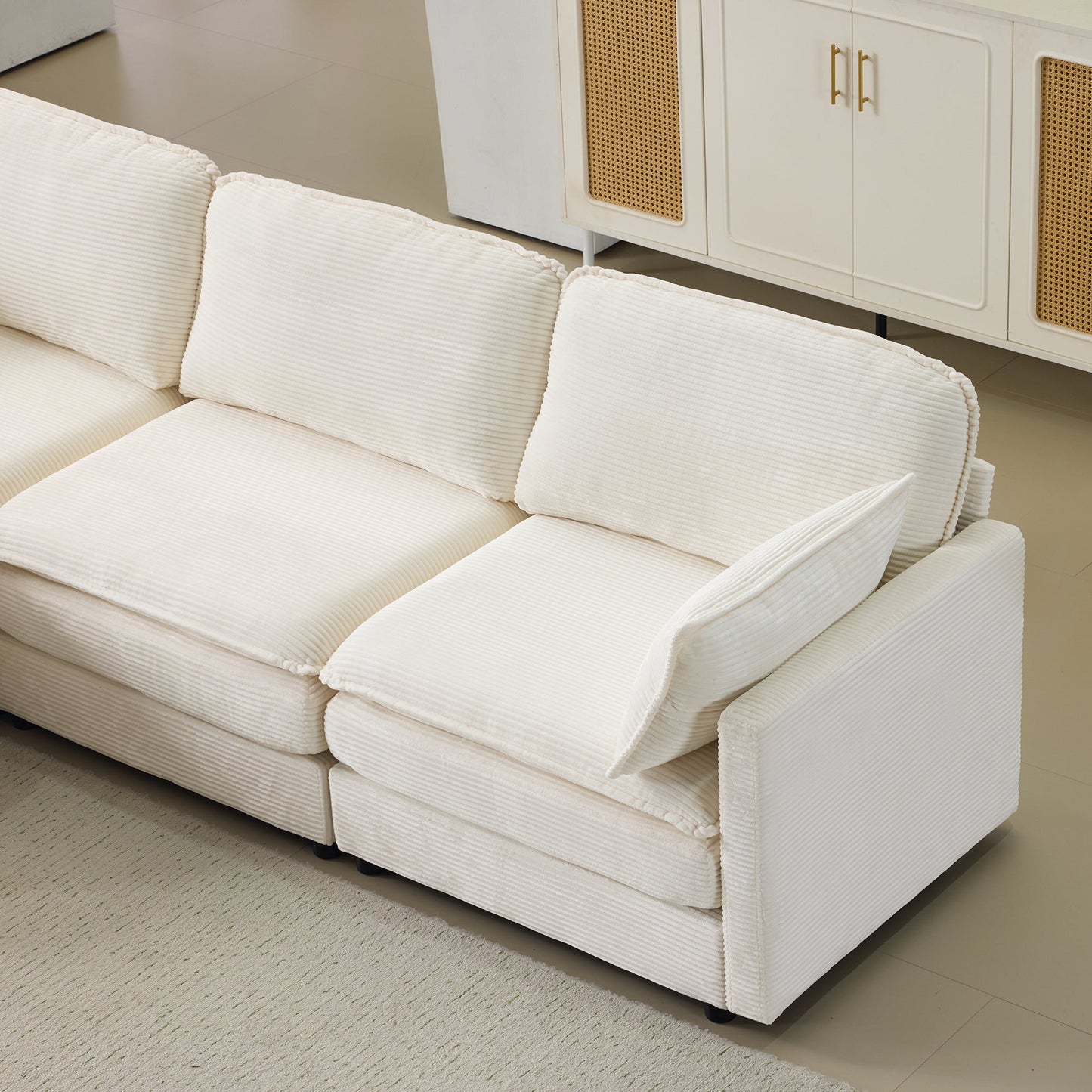 NEW 104' Plush Cloud Beige 3 Seater Modular Sofa + Ottoman with 22' Chenille Cushions and 2 Throw Pillows