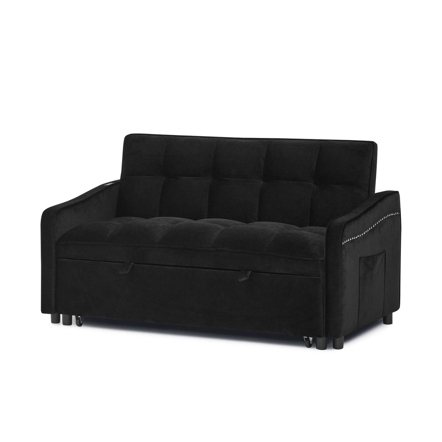 NEW Loveseats Sofa Bed with Pull-out Bed,Adjsutable Back and Two Arm Pocket,TypeC and USB Charging with Copper nail,Black (47'x53'x31')