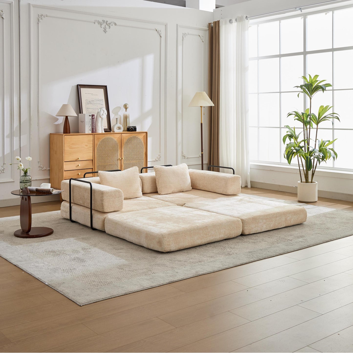 NEW Compression Convertible Floor Fixed-Shape Frame Loveseats Boneless Modular Sectional Sofa Bed in Beige Chenille Fabric