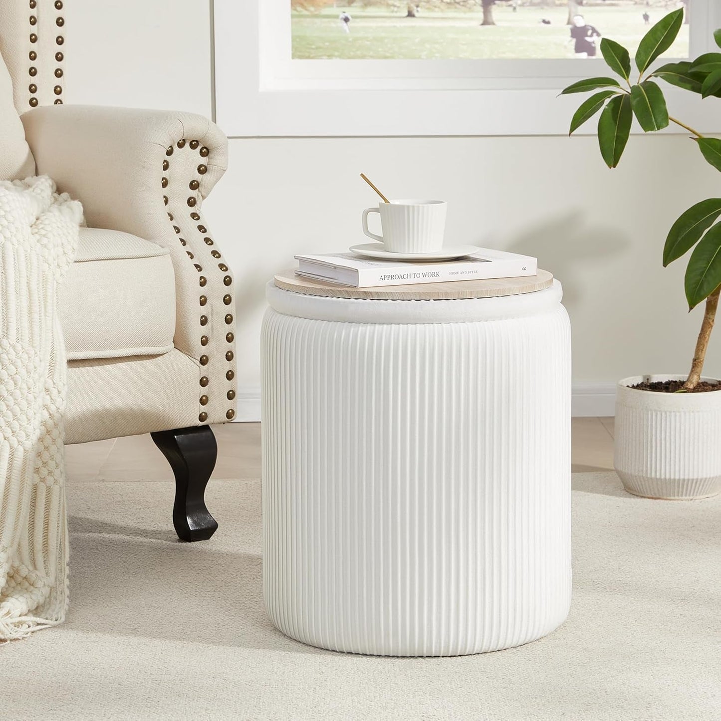 NEW Compact Round Velvet Storage Ottoman TwoPack White