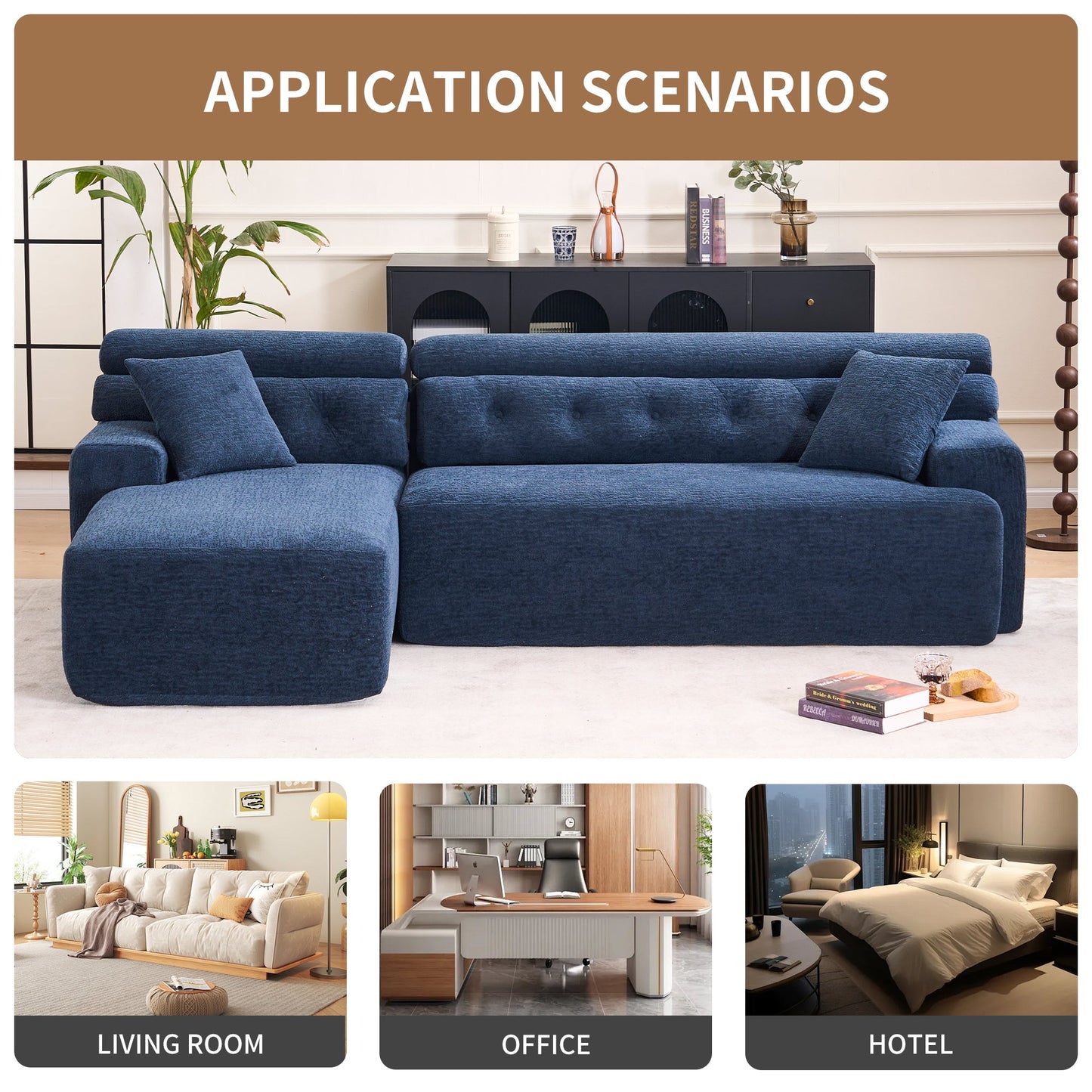 NEW 105'' Blue Cloud Sectional Couch with L-Shape Chaise Modern Modular Deep Seat Boneless Sofa