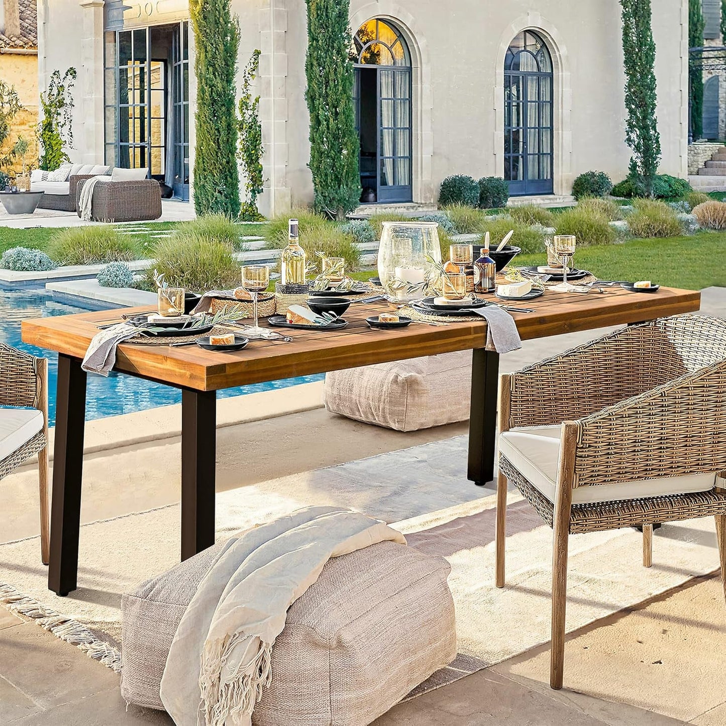 NEW Acacia Wood Dining Table For 6 With Iron Legs IndoorOutdoor