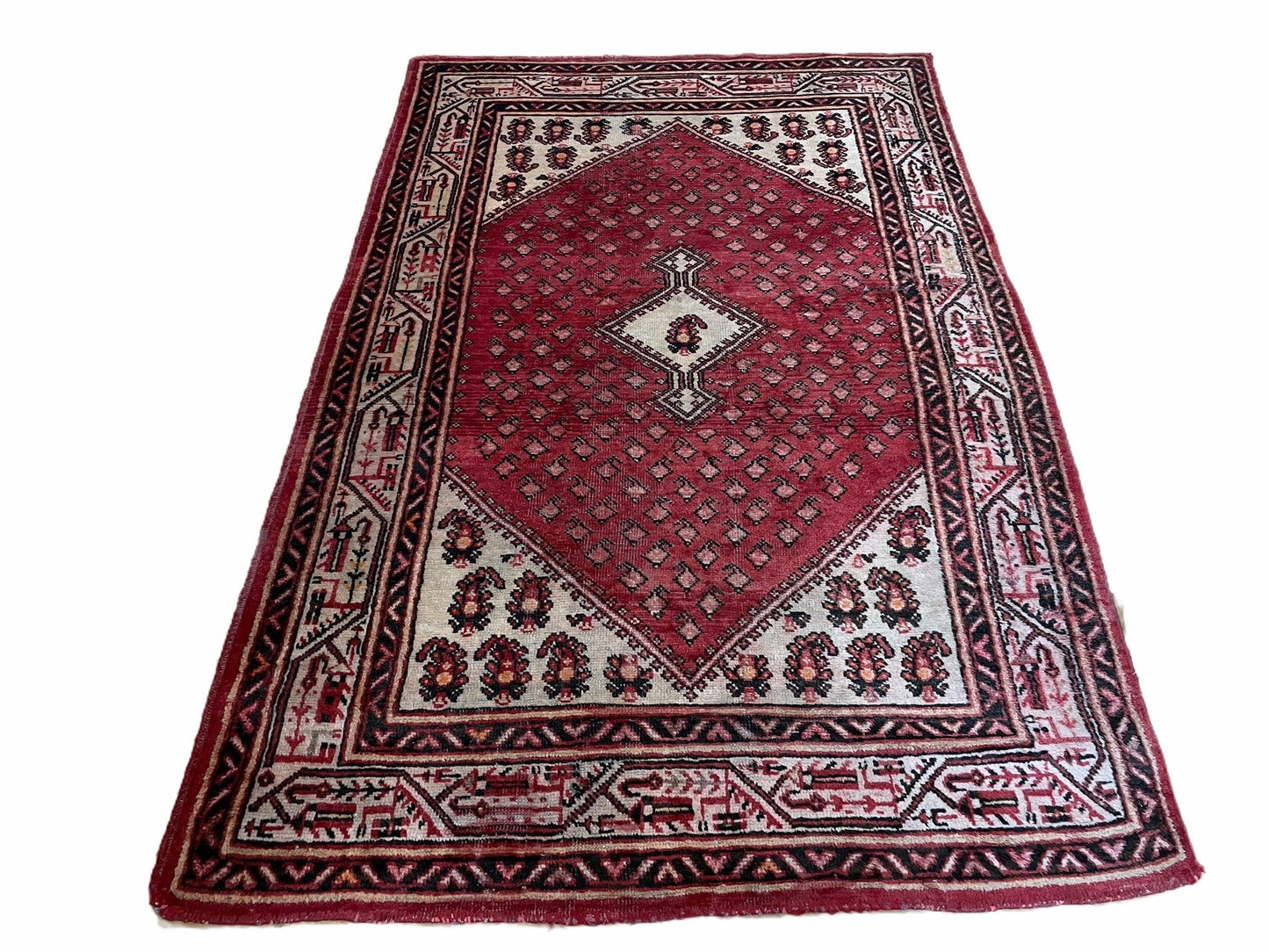 USED 4 X 6.5 Antique Handmade Wool Rug Paisley Boteh Design Tribal Rug Red Ivory