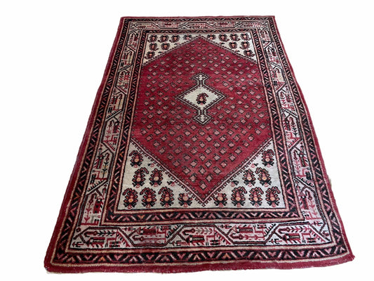USED 4 X 6.5 Antique Handmade Wool Rug Paisley Boteh Design Tribal Rug Red Ivory