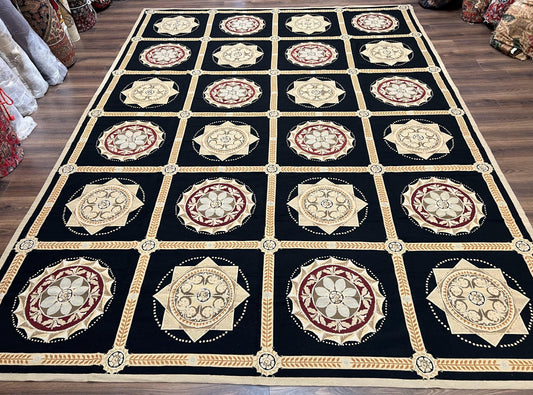 USED Large Needlepoint Rug 10x13, Panel Design, Black and Beige, Wool Needlepoint Carpet 10 x 13, English Garden, Handwoven Area Rug, Living Room