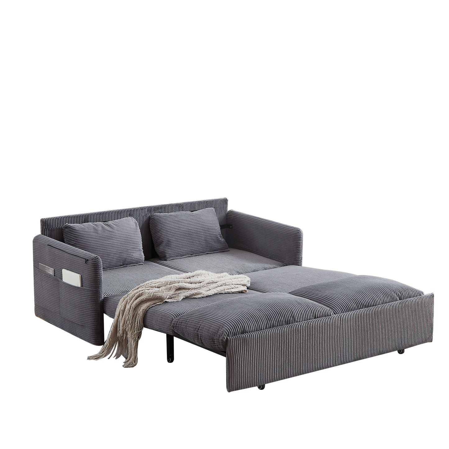 NEW MH'' 3-in-1 Adjustable Sleeper 64.5 Inch Soft Corduroy Convertible Sleeper Sofa Bed with Pullout Bed 2 Pillows and Side Pockets